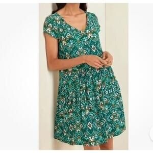 Garnet Hill Summer Boho Dress Pockets Floral Short Sleeves Turquoise 10